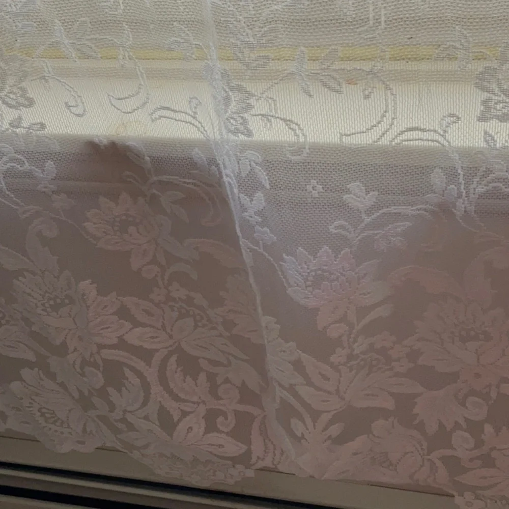 Elegant White Lace Curtain Panels Floral, Scalloped Bottom - 74” x 56” -Set of 3